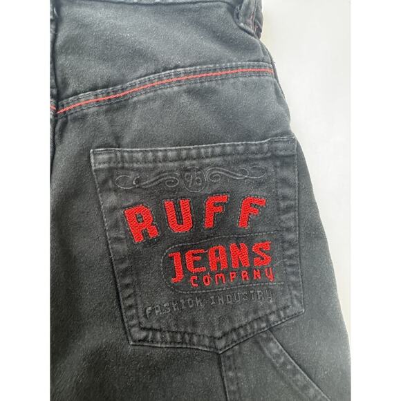 Vintage 90s Y2K Ruff Jeans Black Wide Leg Carpenter Embroider Kids 20" * 21" 5/6 - Picture 10 of 11